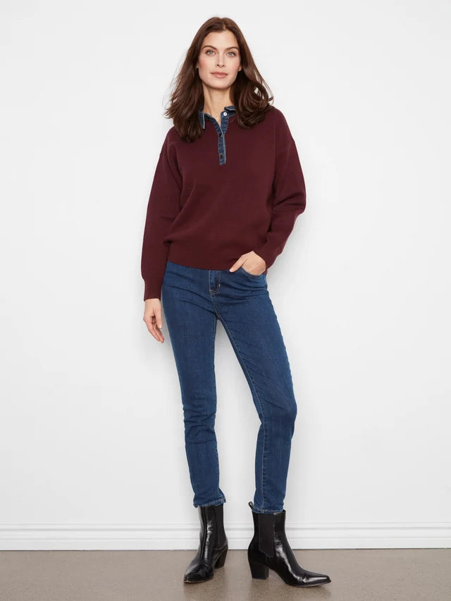 Charlie B Denim Trim Polo Sweater - Merlot
