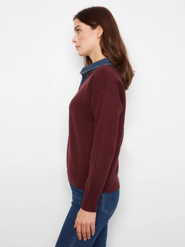 Charlie B Denim Trim Polo Sweater - Merlot