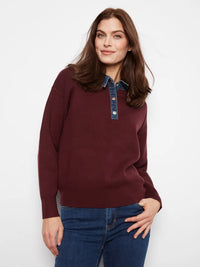 Charlie B Denim Trim Polo Sweater - Merlot
