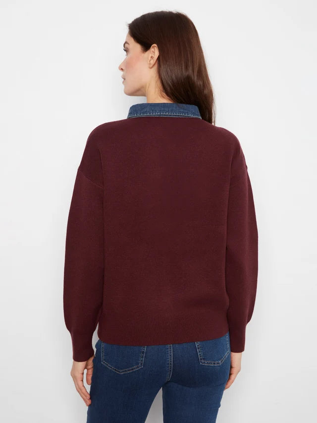 Charlie B Denim Trim Polo Sweater - Merlot