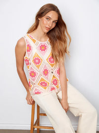Charlie B Floral Sleeveless Crochet Cotton Blend Top - Apricot
