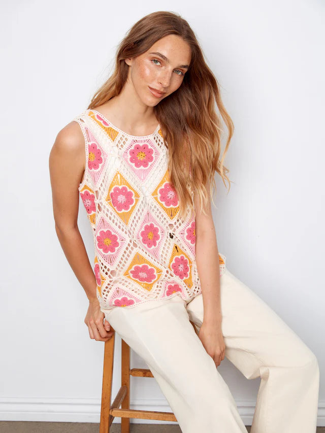 Charlie B Floral Sleeveless Crochet Cotton Blend Top - Apricot