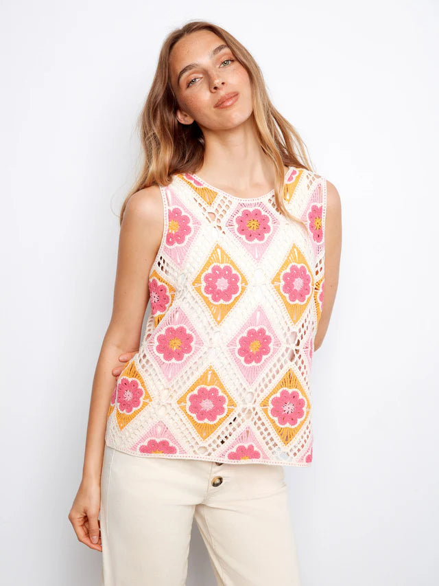 Charlie B Floral Sleeveless Crochet Cotton Blend Top - Apricot
