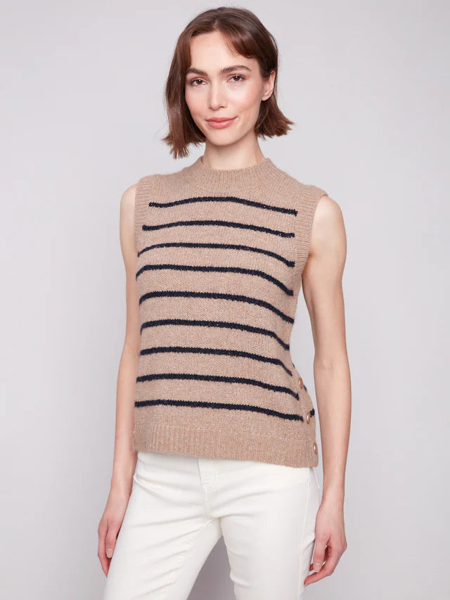 Striped Sleeveless Sweater Vest- Heather Camel