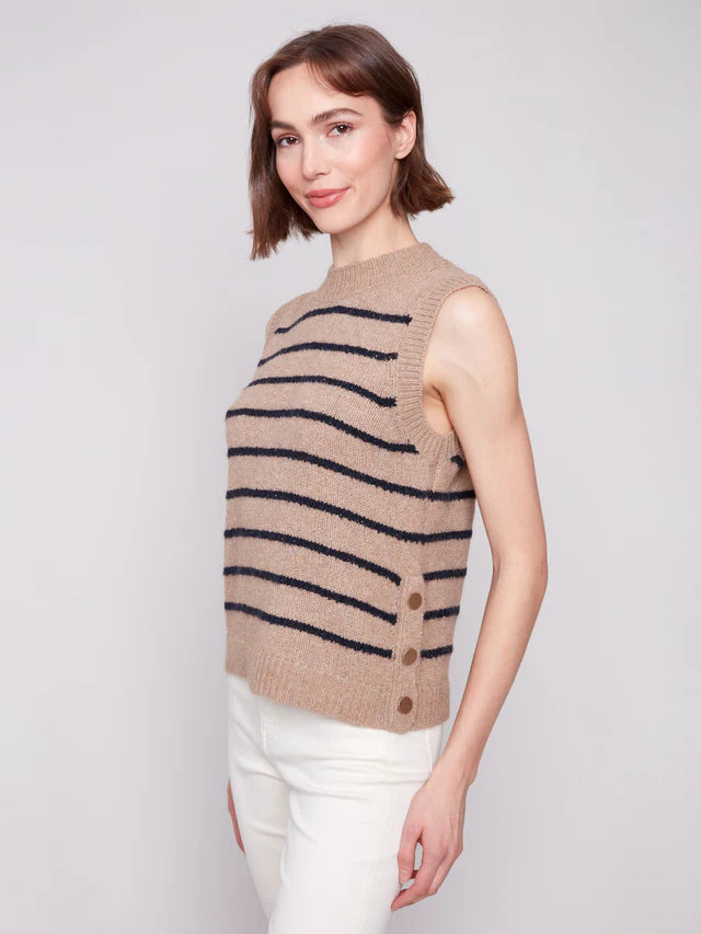 Striped Sleeveless Sweater Vest- Heather Camel