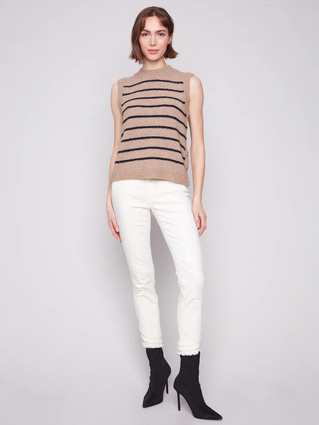 Striped Sleeveless Sweater Vest- Heather Camel