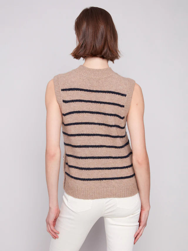 Striped Sleeveless Sweater Vest- Heather Camel