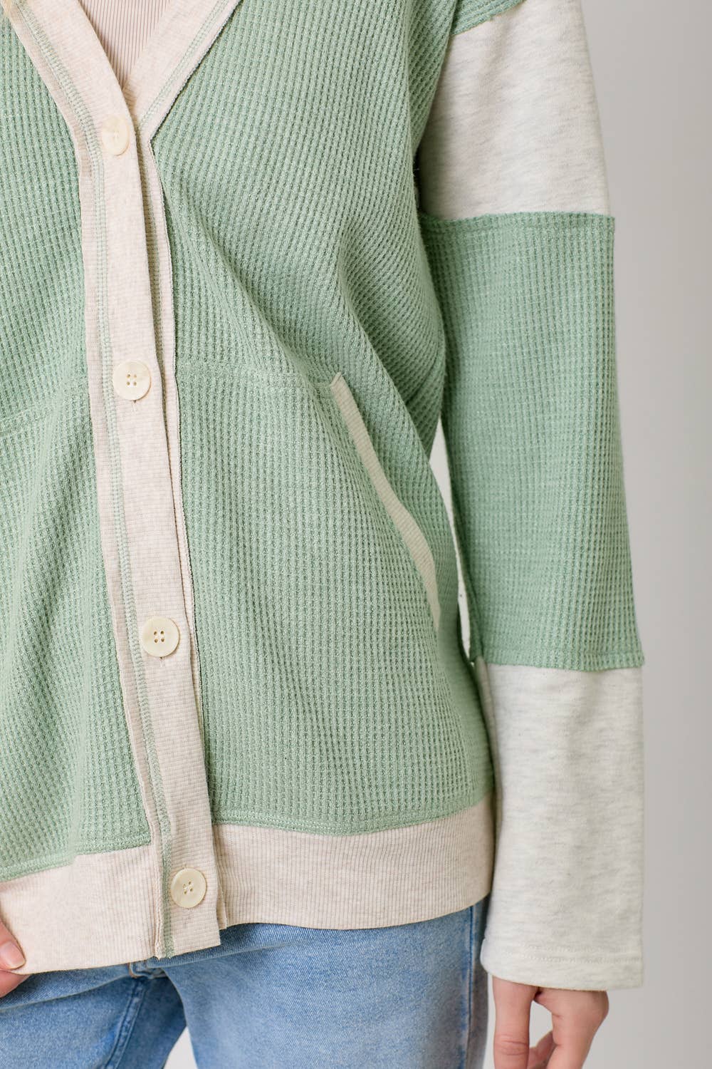 Color Block Hoodie Cardigan - Green