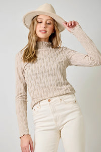 Criss Cross Floral Lettuce Edge Textured Knit Top-Almond