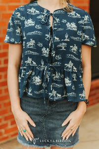Cowboy Print Tie Front Top
