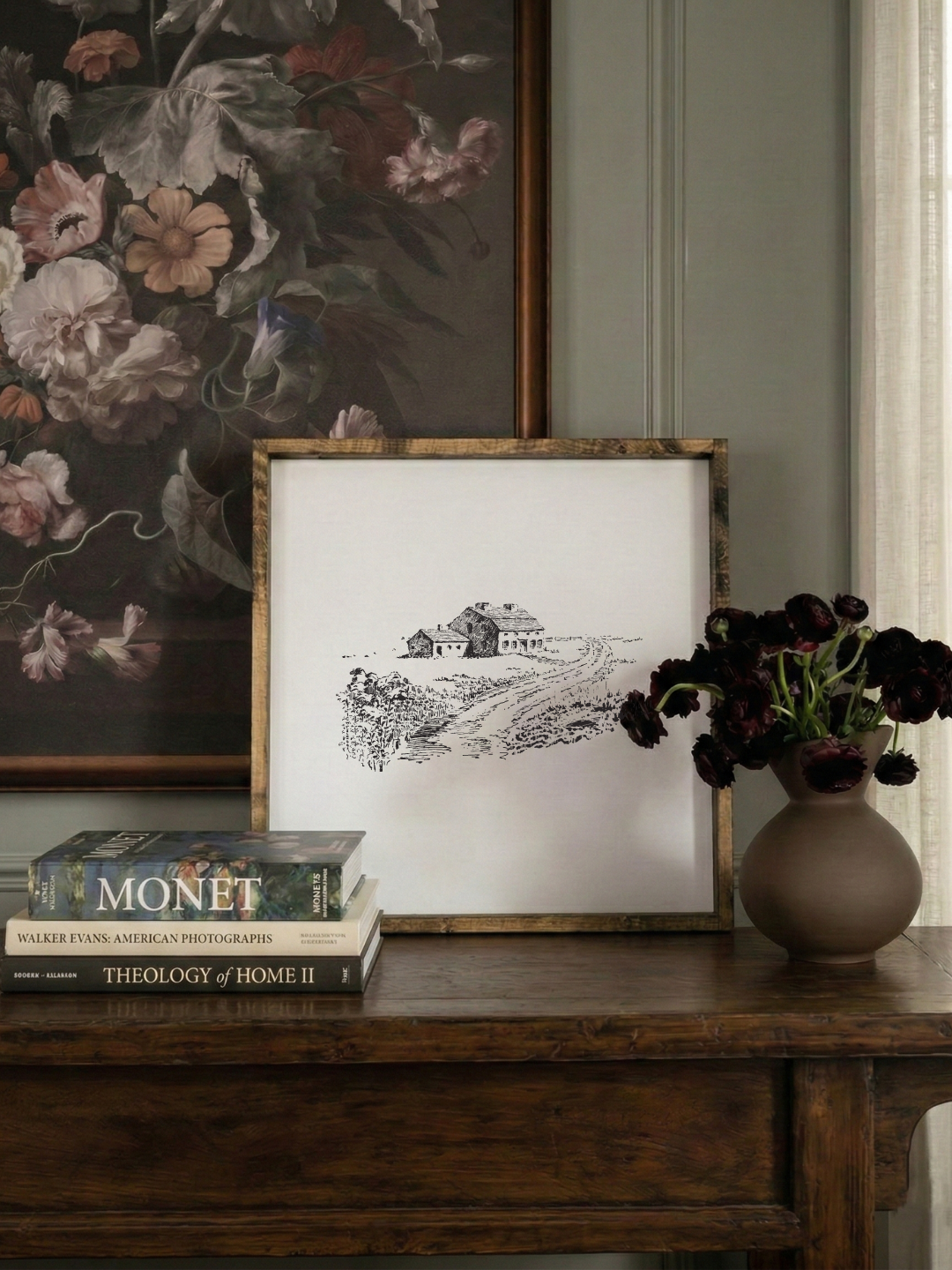Country Side Landscape Sketch Framed Wall Art - White