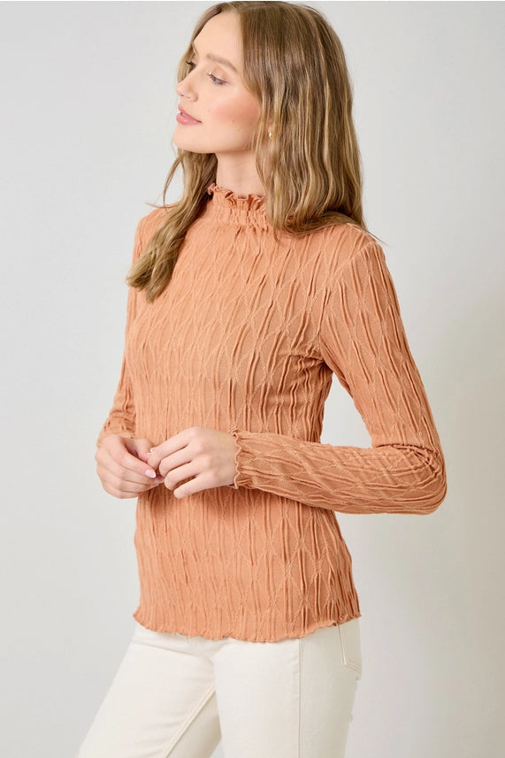 Criss Cross Lettuce Edge Textured Knit Top-Grapefruit