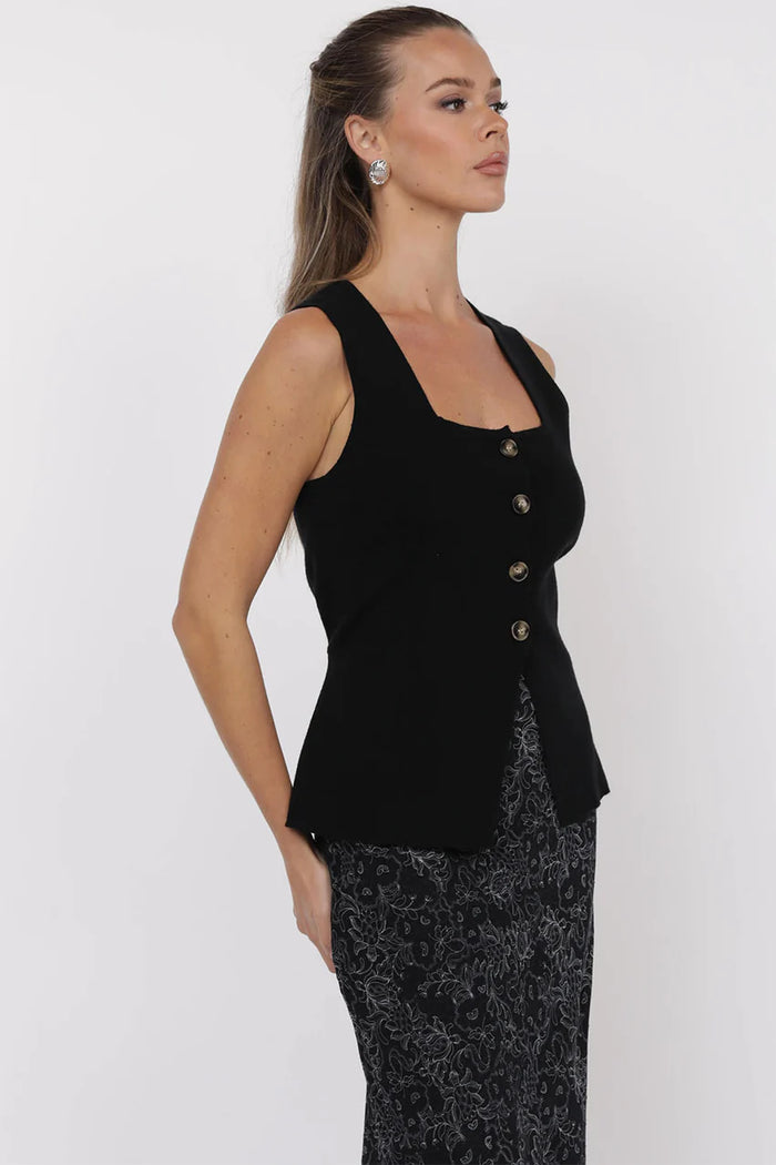 Myra Button Front Knit Vest - Black