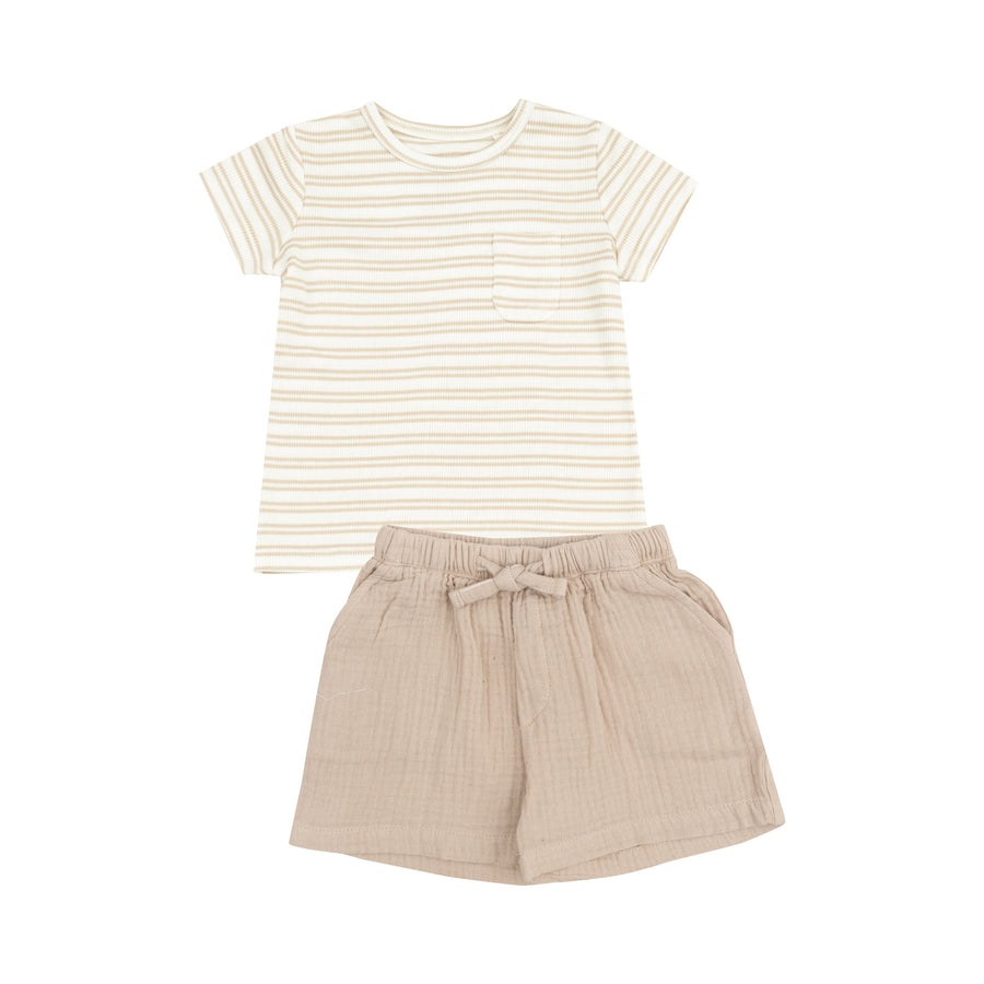 Angel Dear SS Crewneck Tee & Casual Short - Stripe Oxford Tan