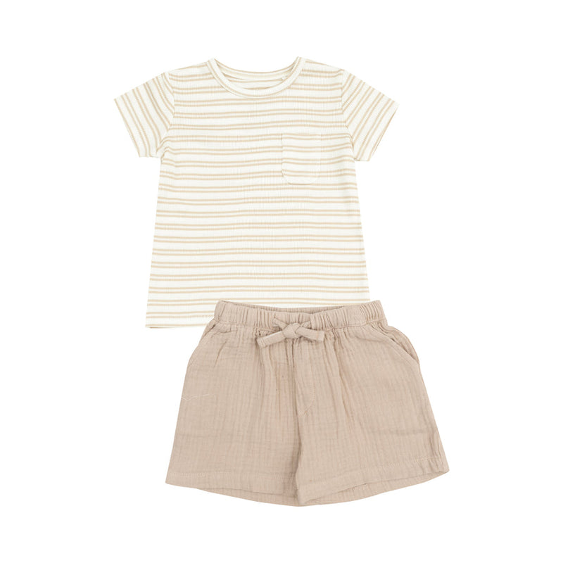 Angel Dear SS Crewneck Tee & Casual Short - Stripe Oxford Tan