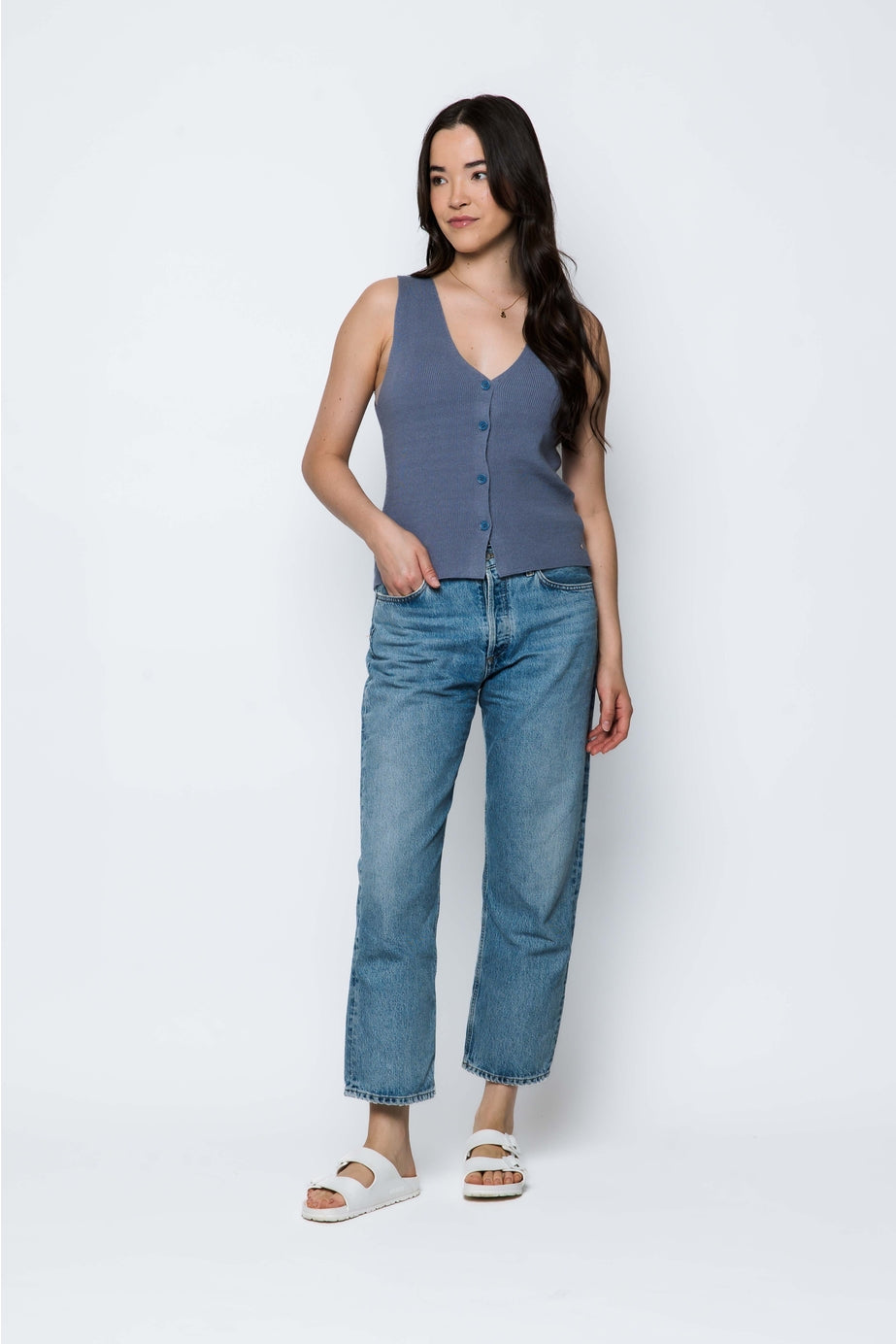 Orb Ava Soft Ribbed Sweater Vest - Stone Blue
