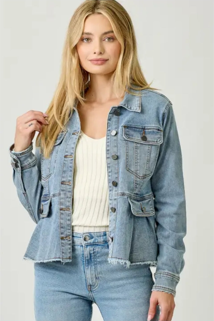 Mystree Washed Denim Peplum Jacket