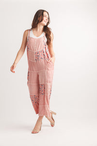 Papillon Embroidered Patchwork Overalls - Blush