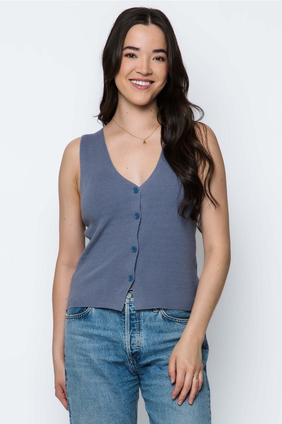Orb Ava Soft Ribbed Sweater Vest - Stone Blue