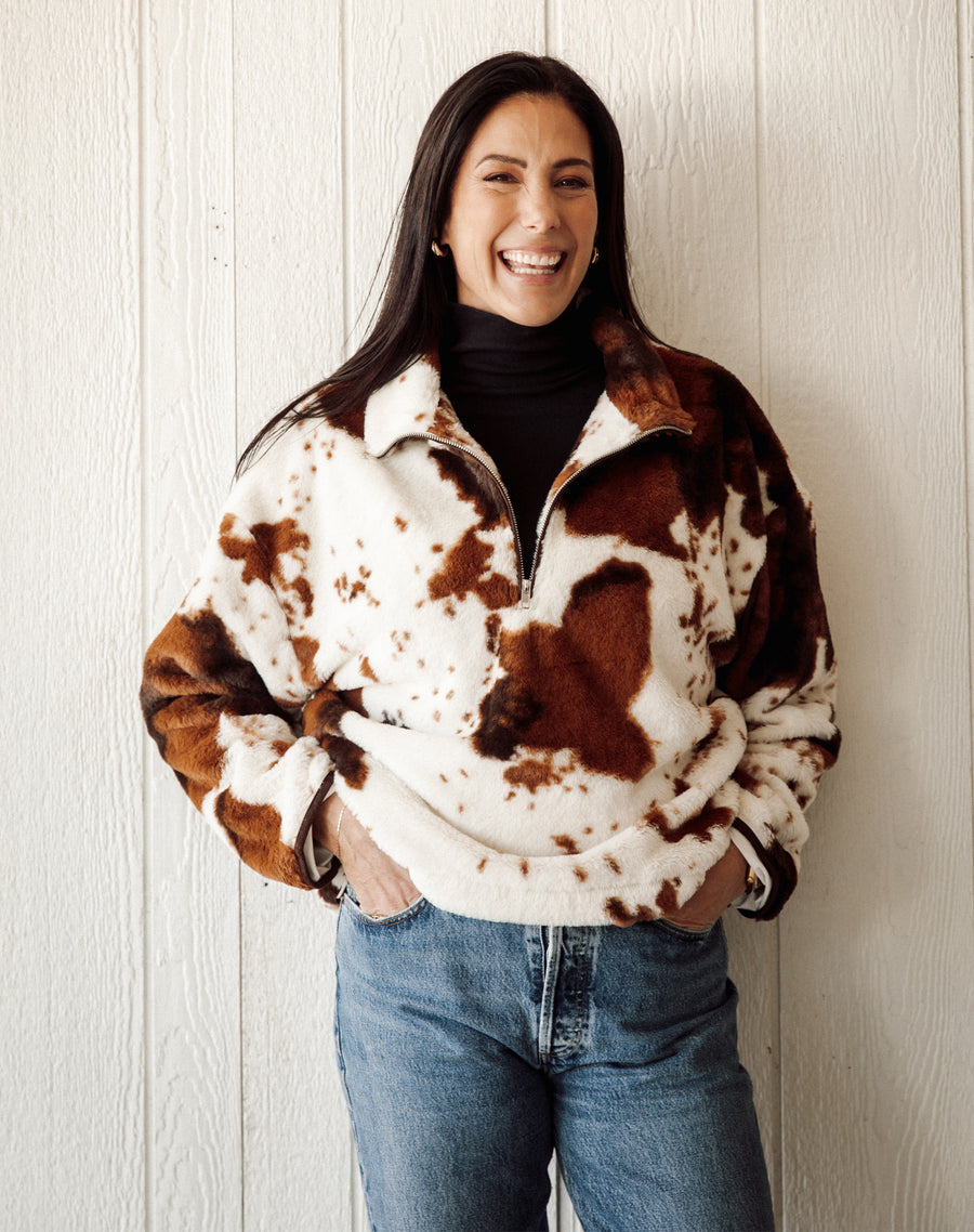 Cowhide 1/2 Zip Jacket - Cream W/ Brown