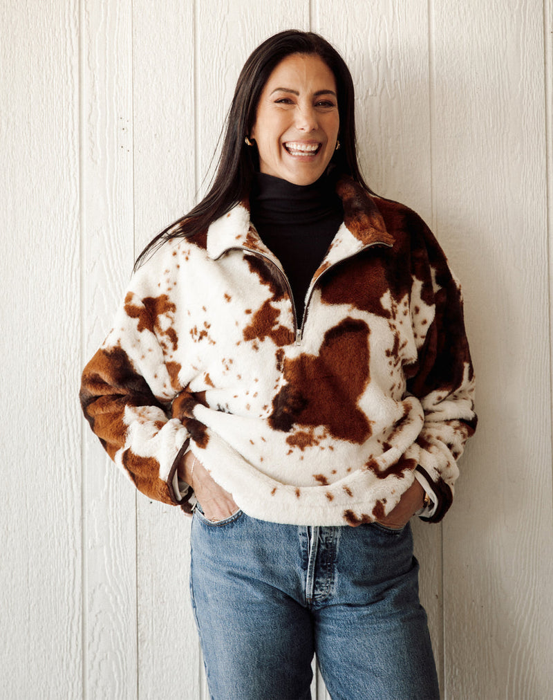 Cowhide 1/2 Zip Jacket - Cream W/ Brown