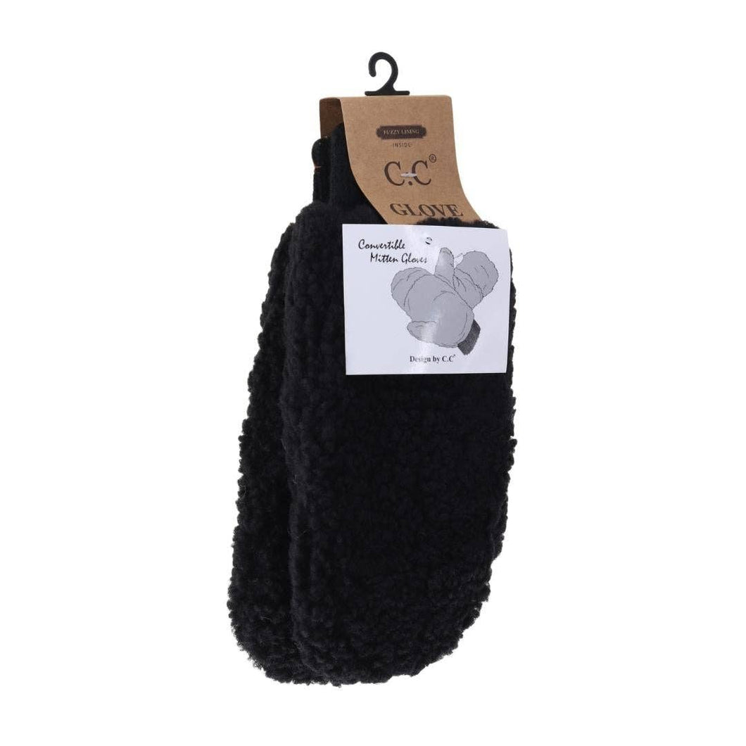Fuzzy Lined Sherpa Convertible Mitten - Black