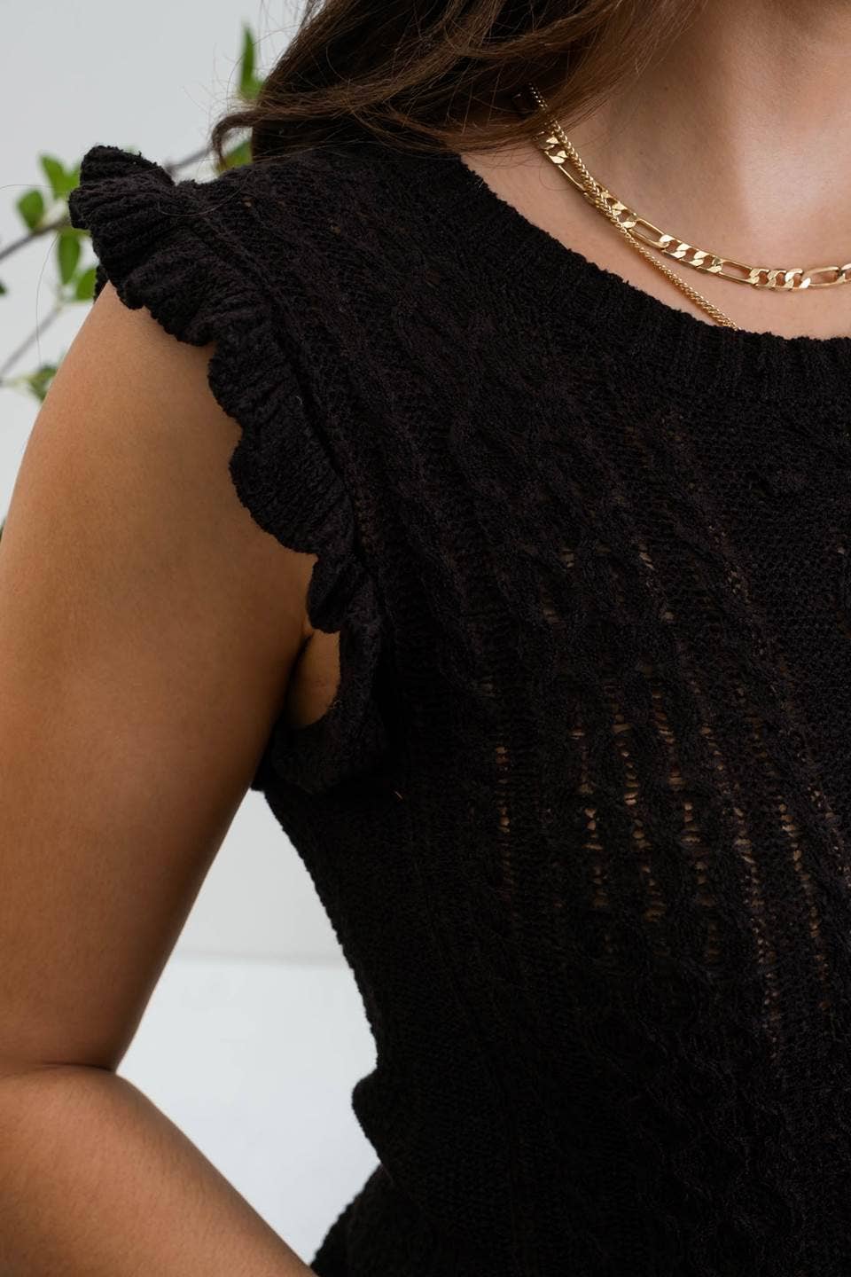 Ruffle Cable Knit Top - Black